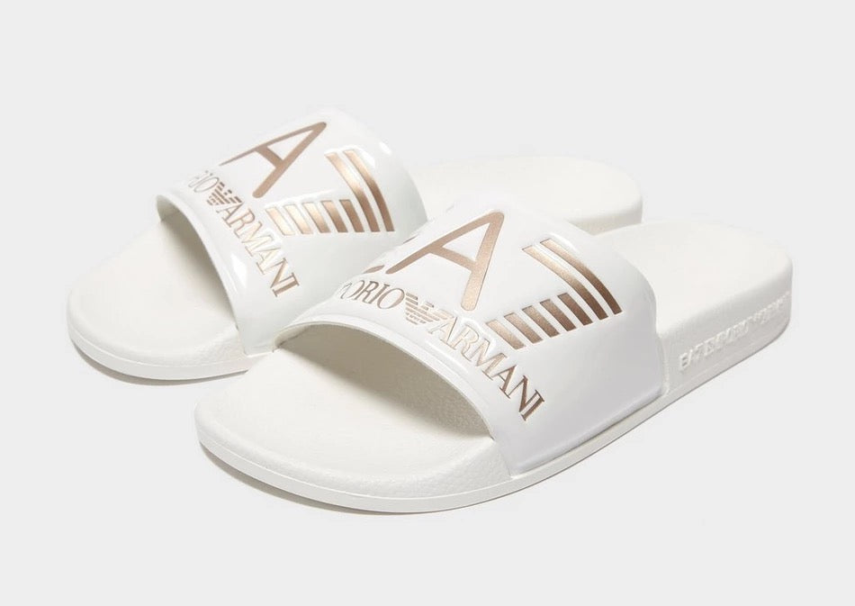 Emporio Armani EA7 White/Gold Logo Sliders