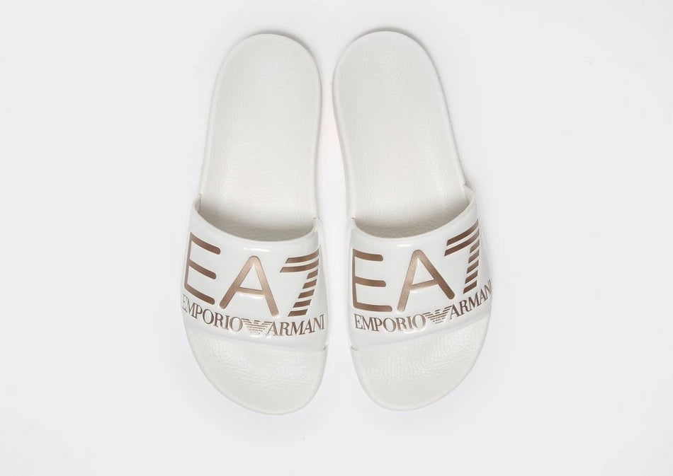 Emporio Armani EA7 White/Gold Logo Sliders